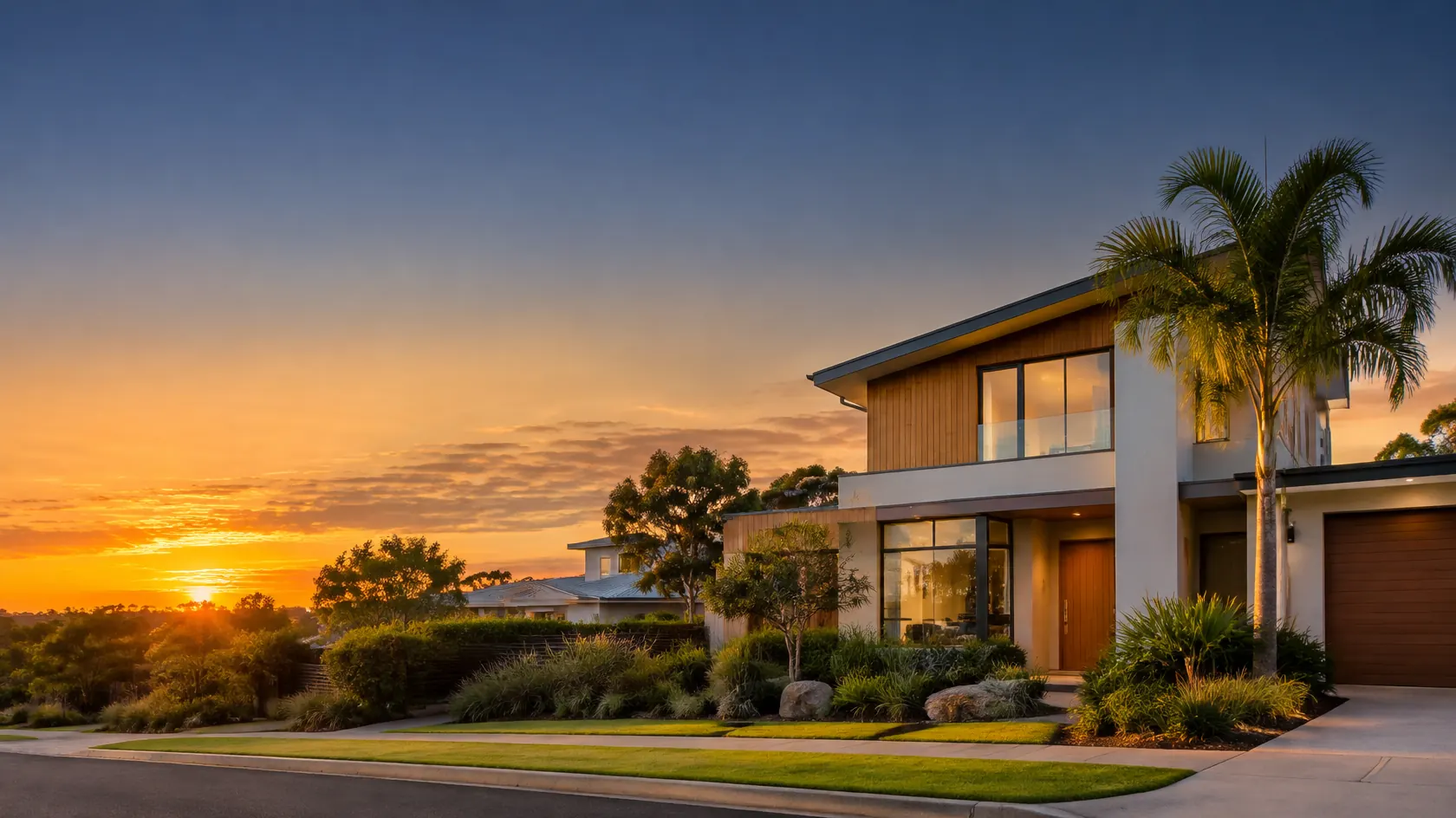 Modern two-storey family home at golden hour